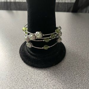 Silver Toned Green Beaded Wire Bracelet